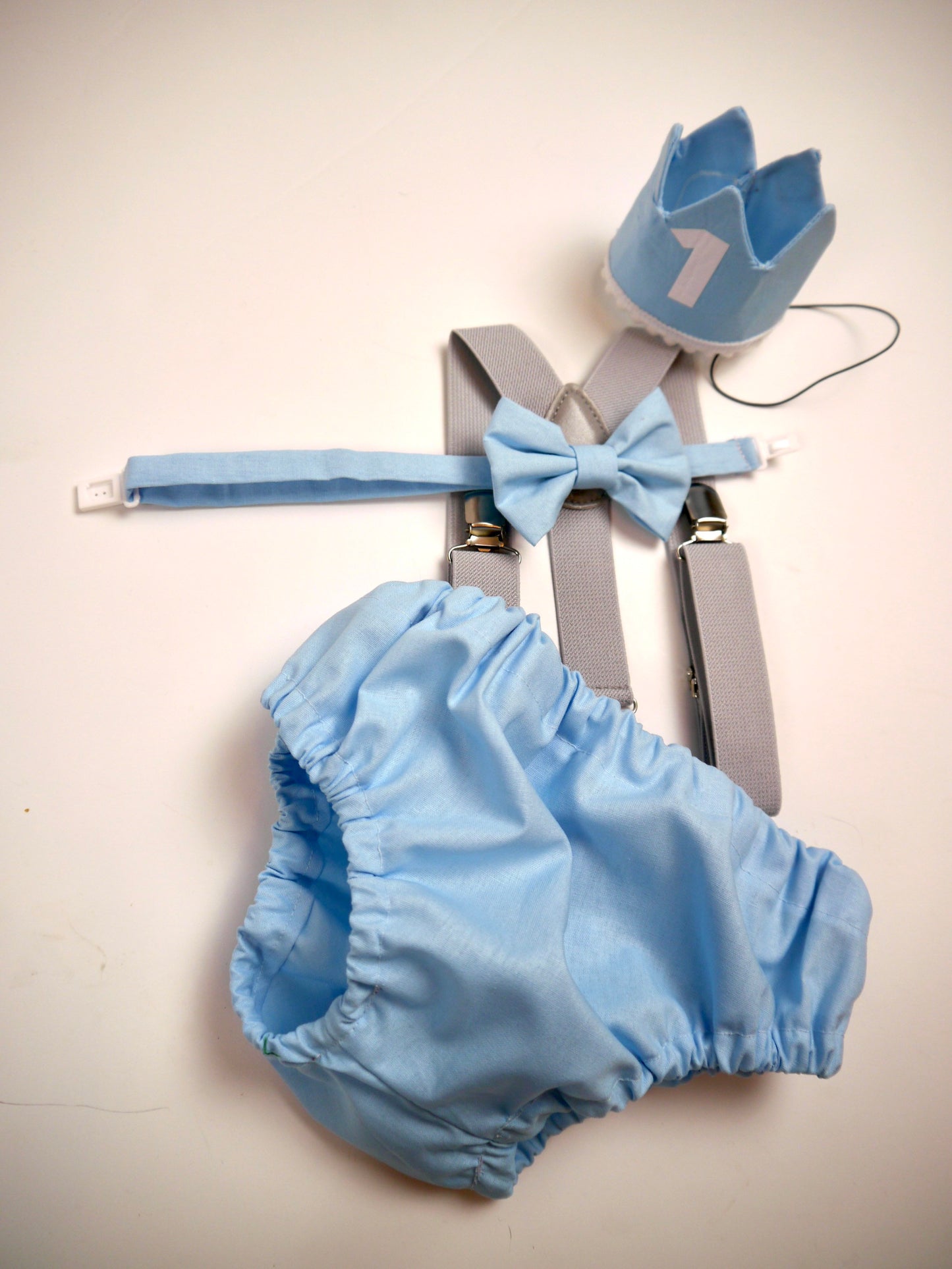 Cake Smash Outfit Gray Blue — Boys First Birthday Outfit Gray Blue — Baby Blue Bow Tie & Baby Blue Diaper Cover with Gray Suspenders