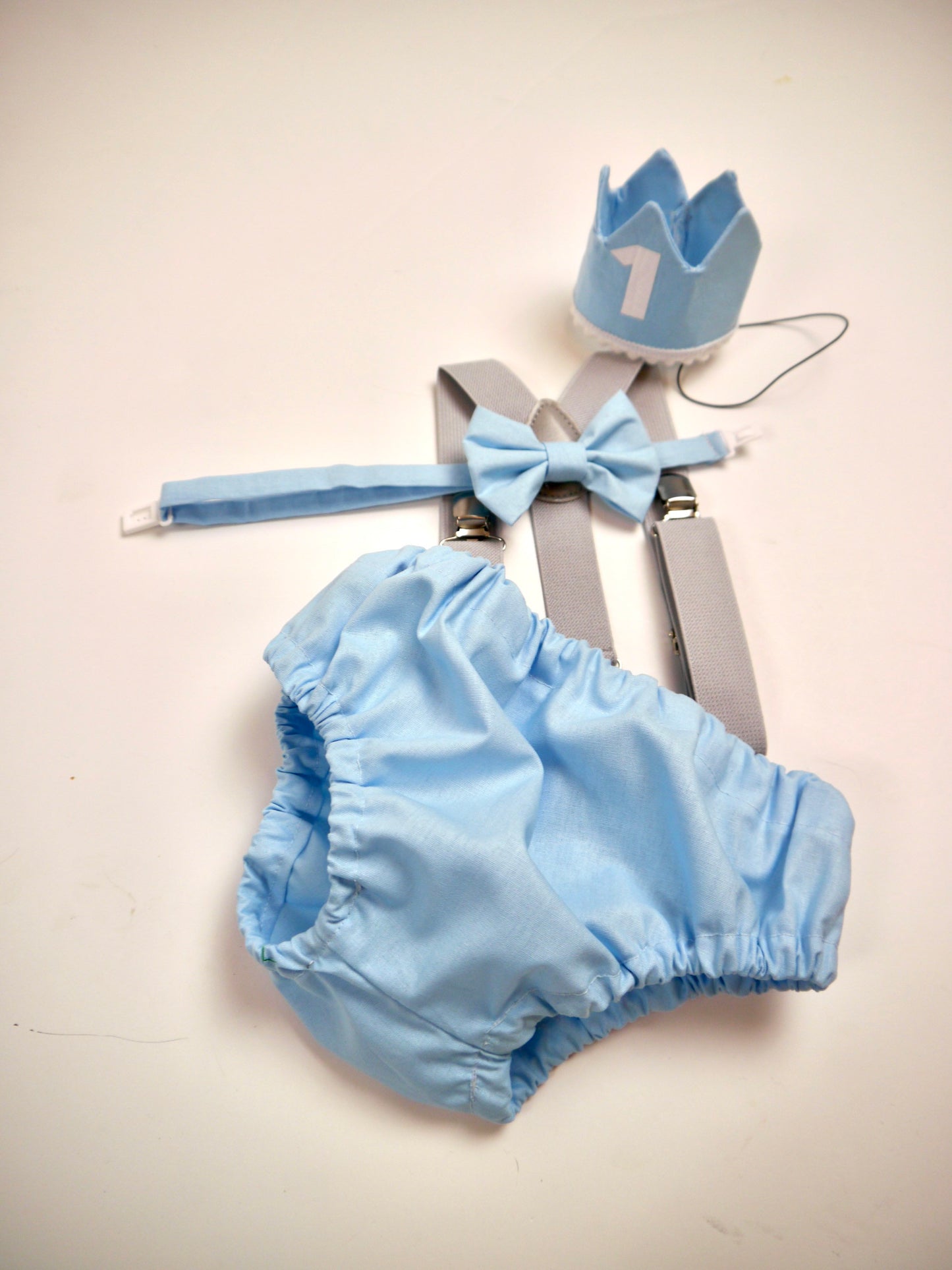 Cake Smash Outfit Gray Blue — Boys First Birthday Outfit Gray Blue — Baby Blue Bow Tie & Baby Blue Diaper Cover with Gray Suspenders