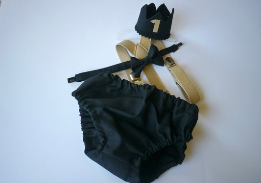 Cake Smash Boy Outfit, Black and Gold 1st Birthday Boy, Black Diaper Cover, Bowtie, Suspender, Crown, First Birthday Boy, Boys 1st Birthday