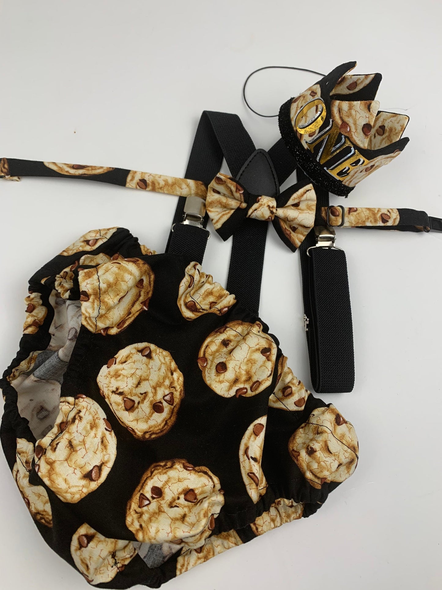 Cookie theme cake smash , cookie Outfit Boy First Birthday super soft diaper cover and bow tie brown and beige, And black suspenders