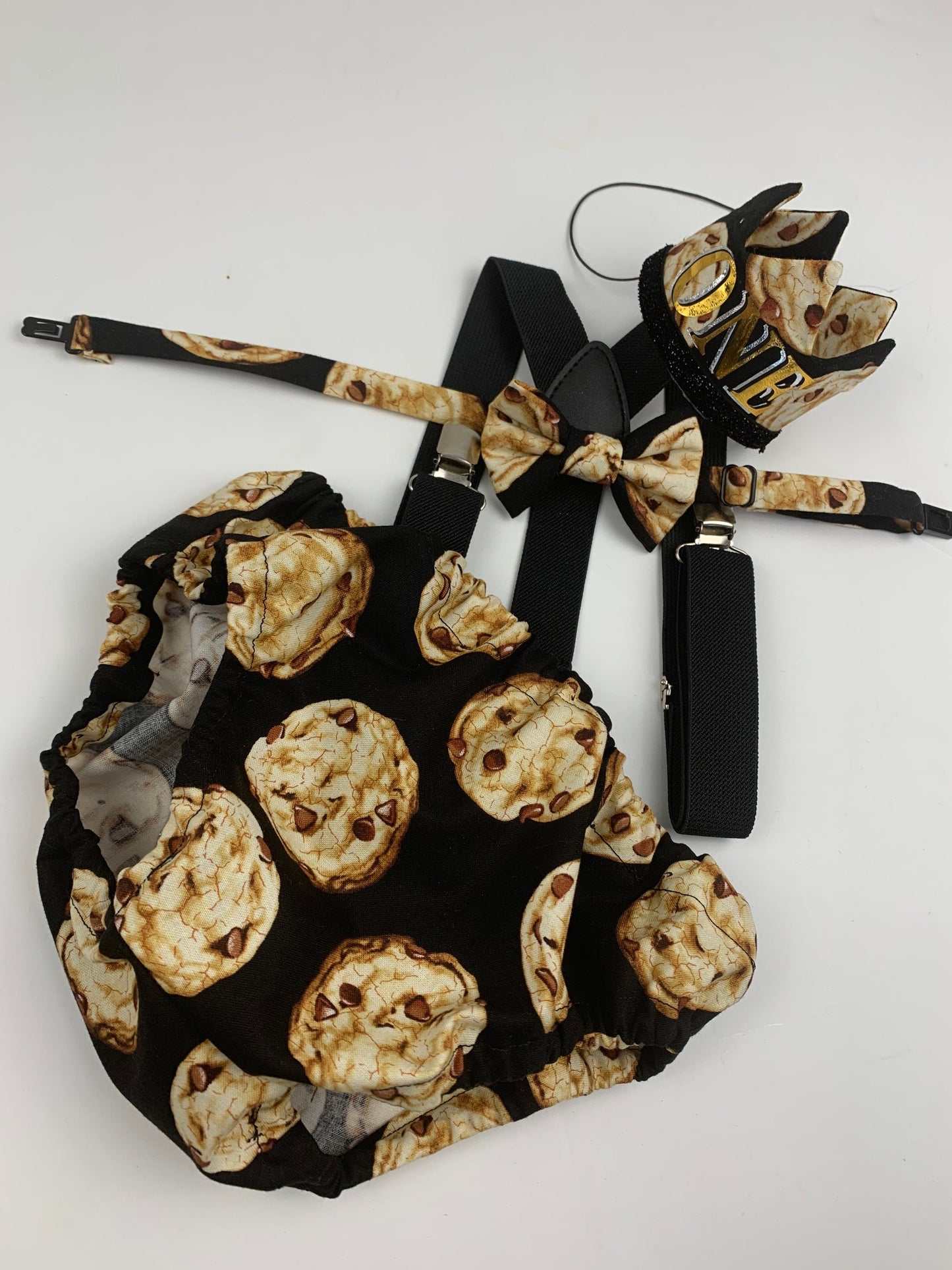 Cookie theme cake smash , cookie Outfit Boy First Birthday super soft diaper cover and bow tie brown and beige, And black suspenders