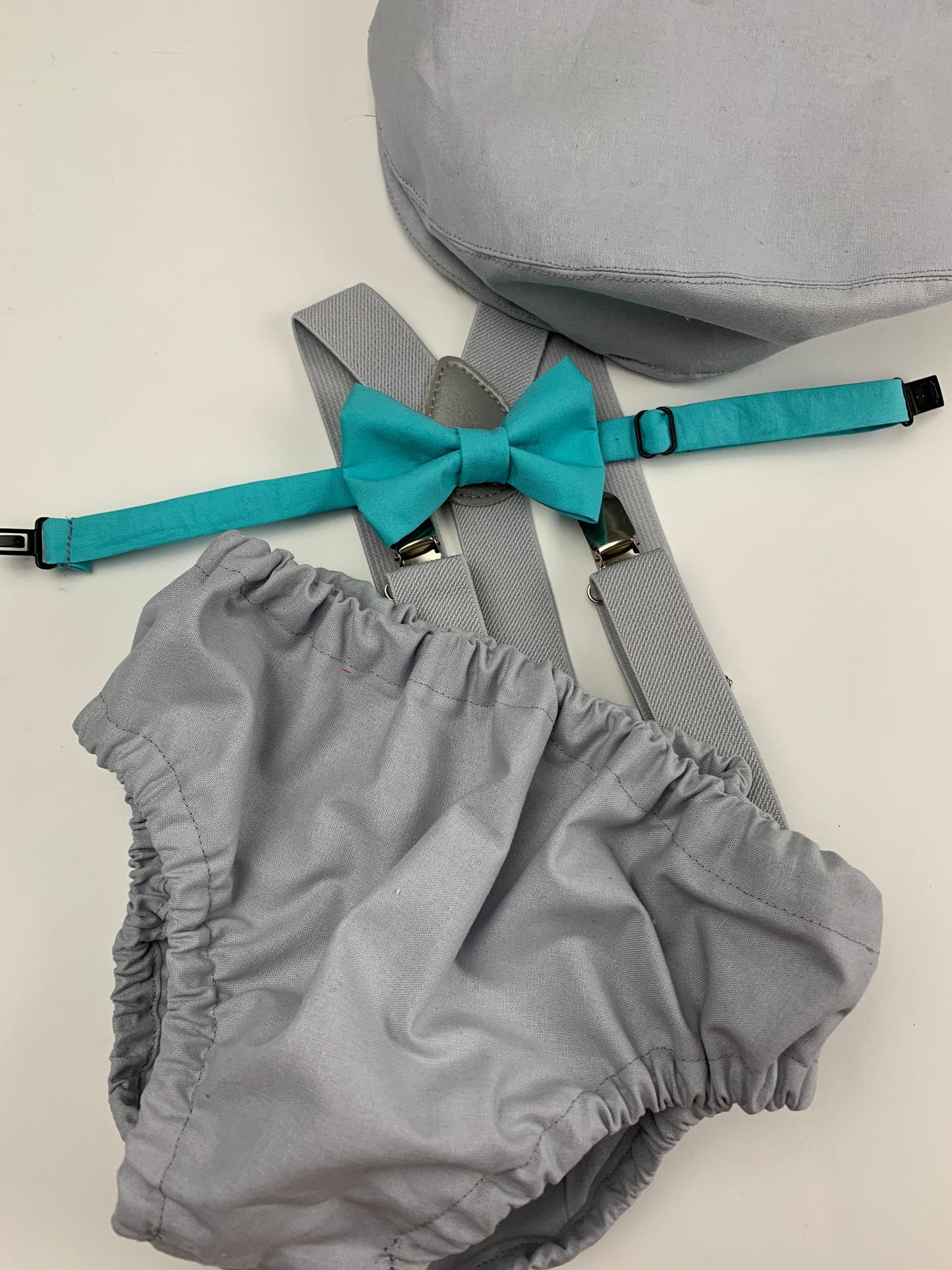 1st Birthday boy cake smash bow tie suspenders outfit 12 mo Teal, gray, boy outfit, bloomers, diaper cover