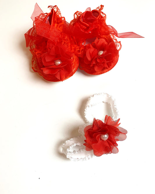Red baby shoes set with lace and flower, Red baby gift set of cute baby shoes and headband, handmade baby girl dress SET, girl party outfit