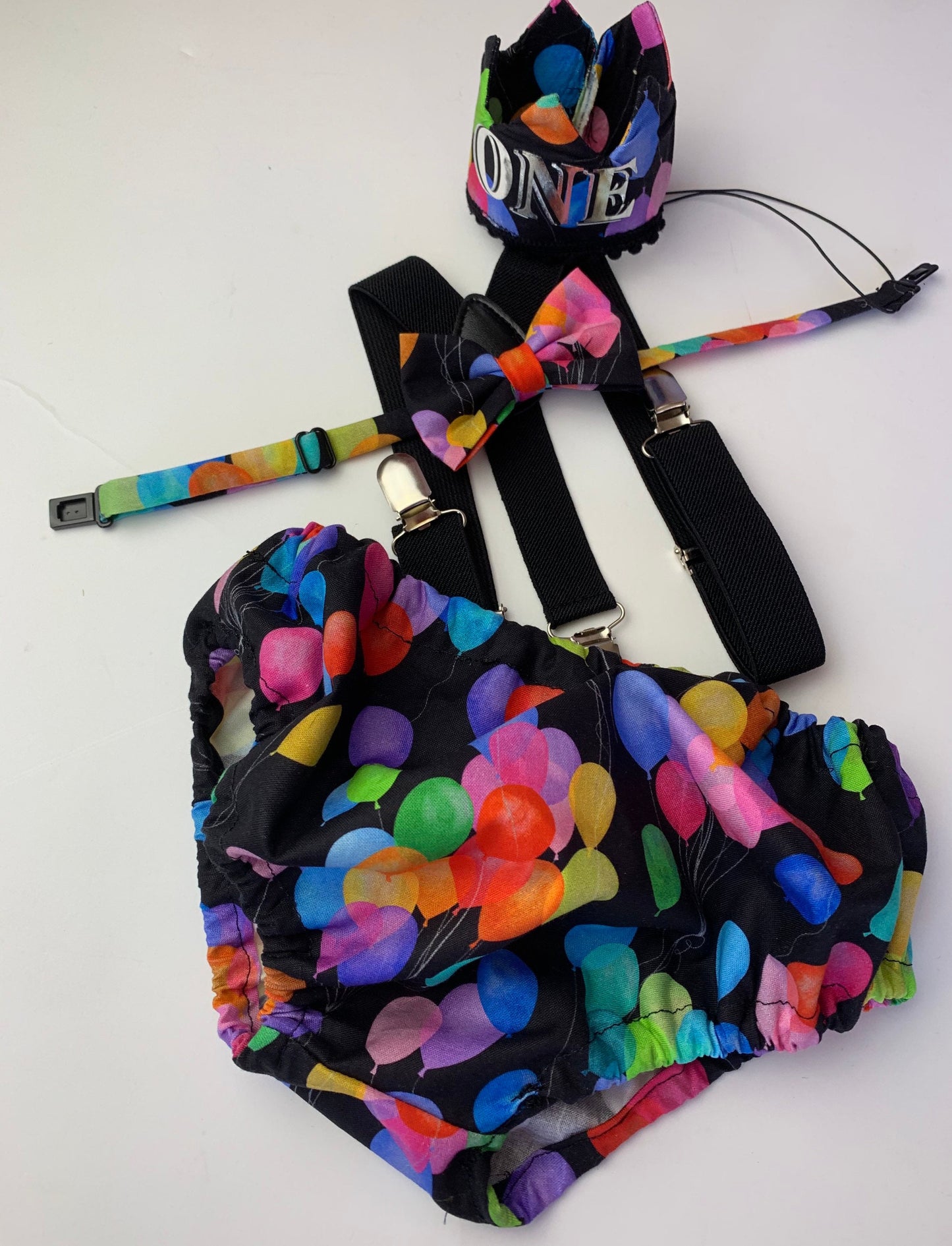 Rainbow Baby Boy Cake Smash Outfit Bloomer Diaper Cover, Suspenders and Bow Tie Set