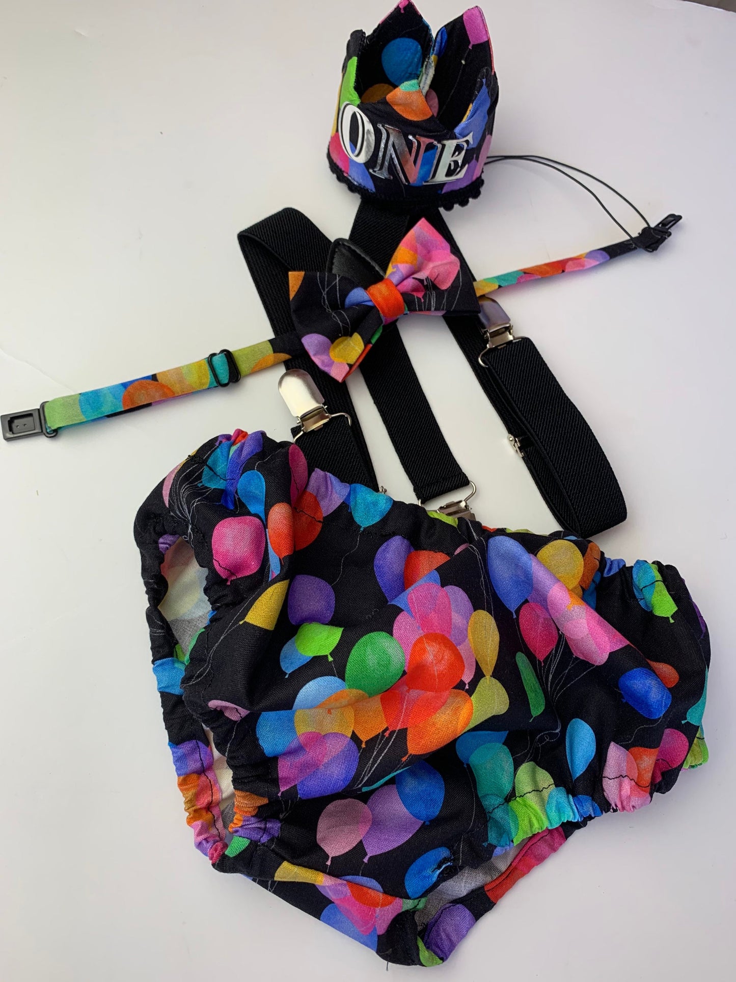 Rainbow Baby Boy Cake Smash Outfit Bloomer Diaper Cover, Suspenders and Bow Tie Set