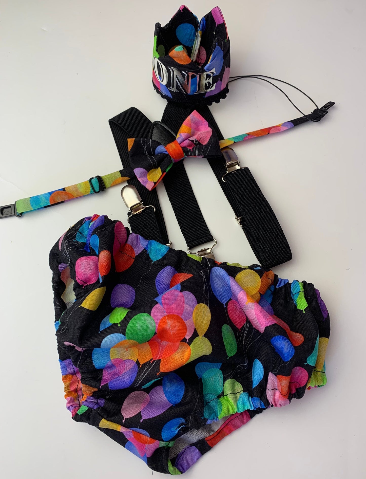 Rainbow Baby Boy Cake Smash Outfit Bloomer Diaper Cover, Suspenders and Bow Tie Set