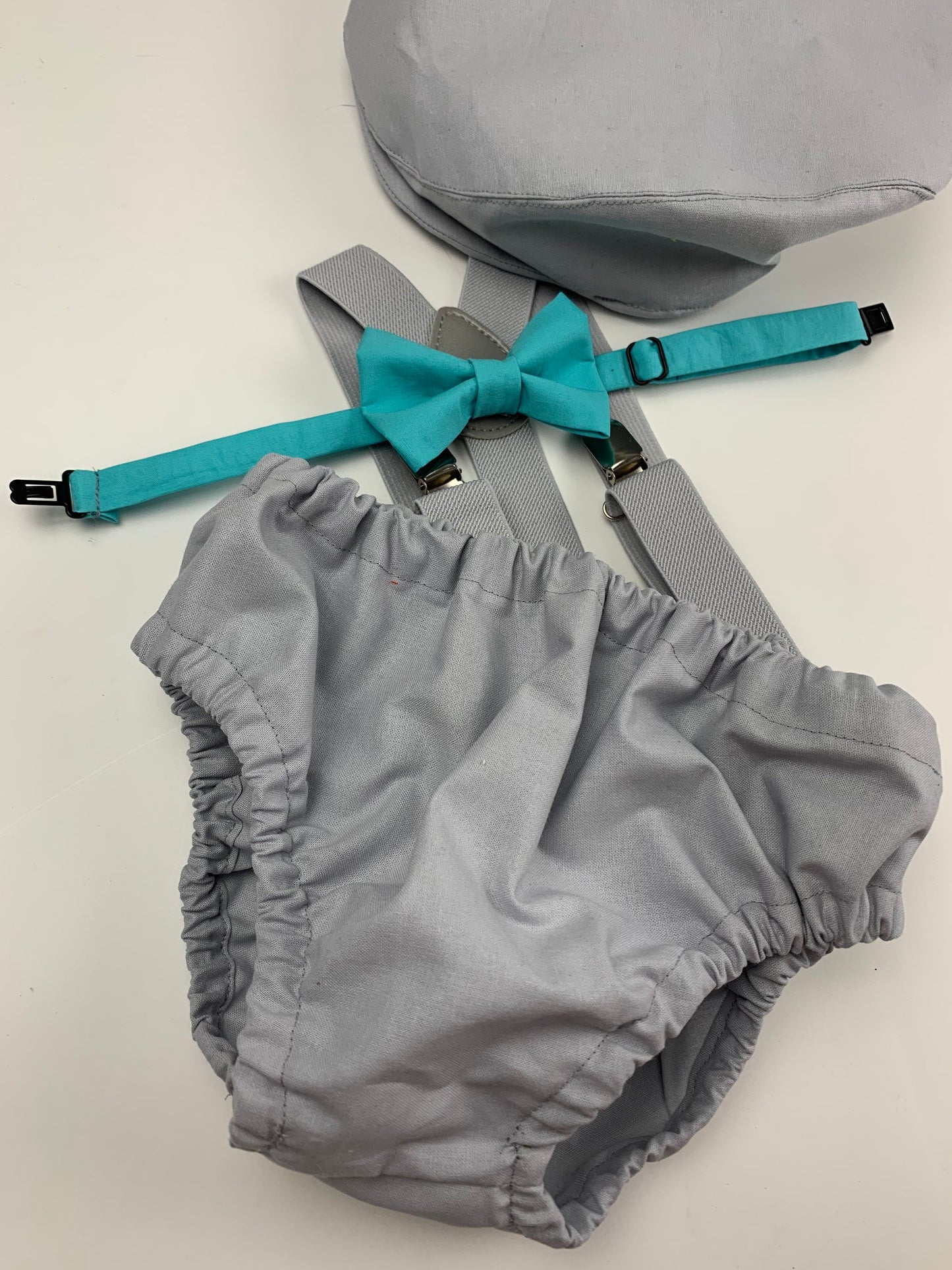 1st Birthday boy cake smash bow tie suspenders outfit 12 mo Teal, gray, boy outfit, bloomers, diaper cover