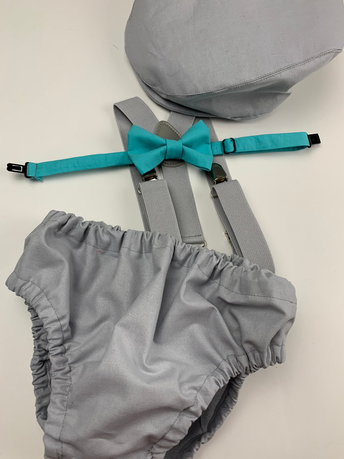 1st Birthday boy cake smash bow tie suspenders outfit 12 mo Teal, gray, boy outfit, bloomers, diaper cover