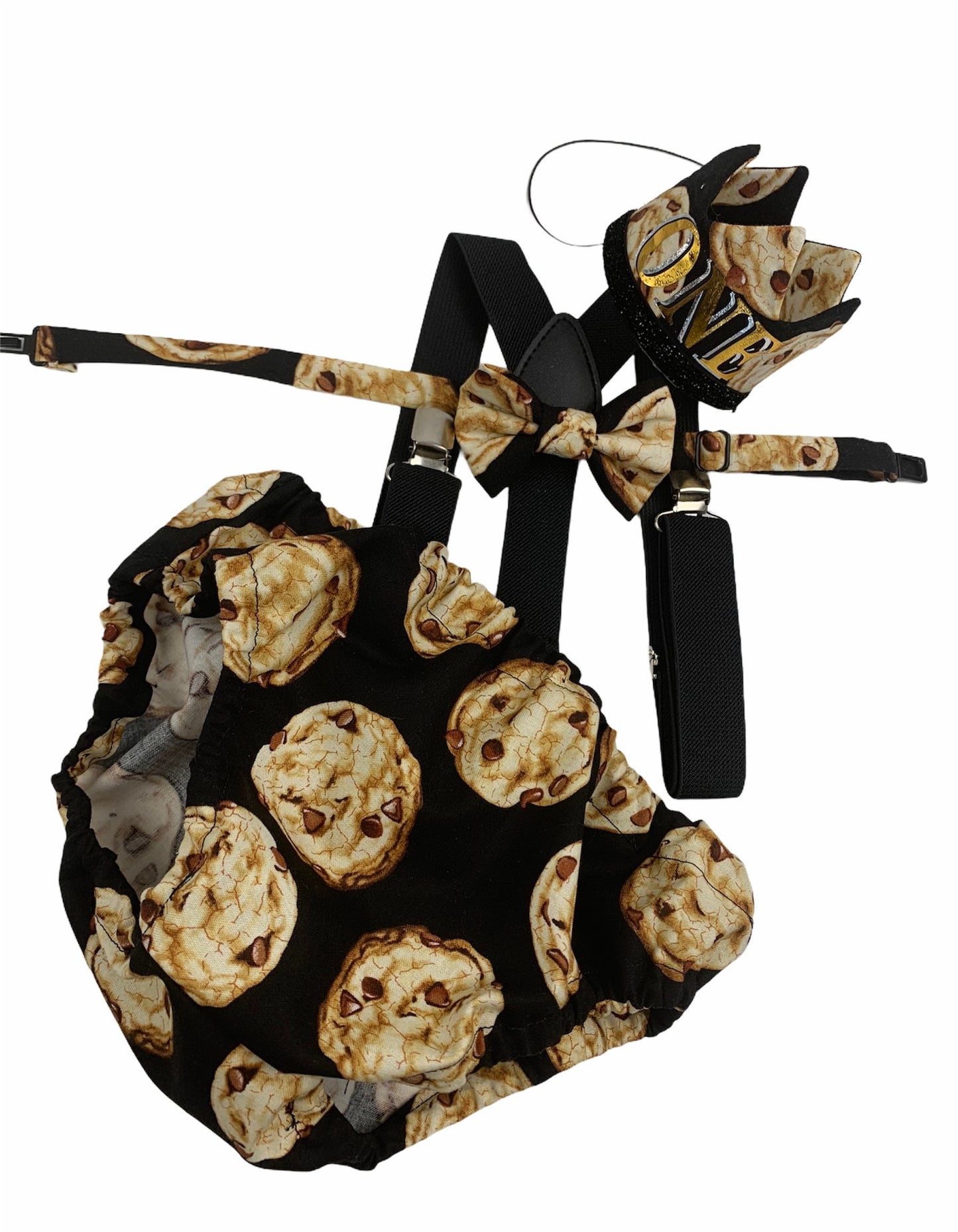 Cookie theme cake smash , cookie Outfit Boy First Birthday super soft diaper cover and bow tie brown and beige, And black suspenders
