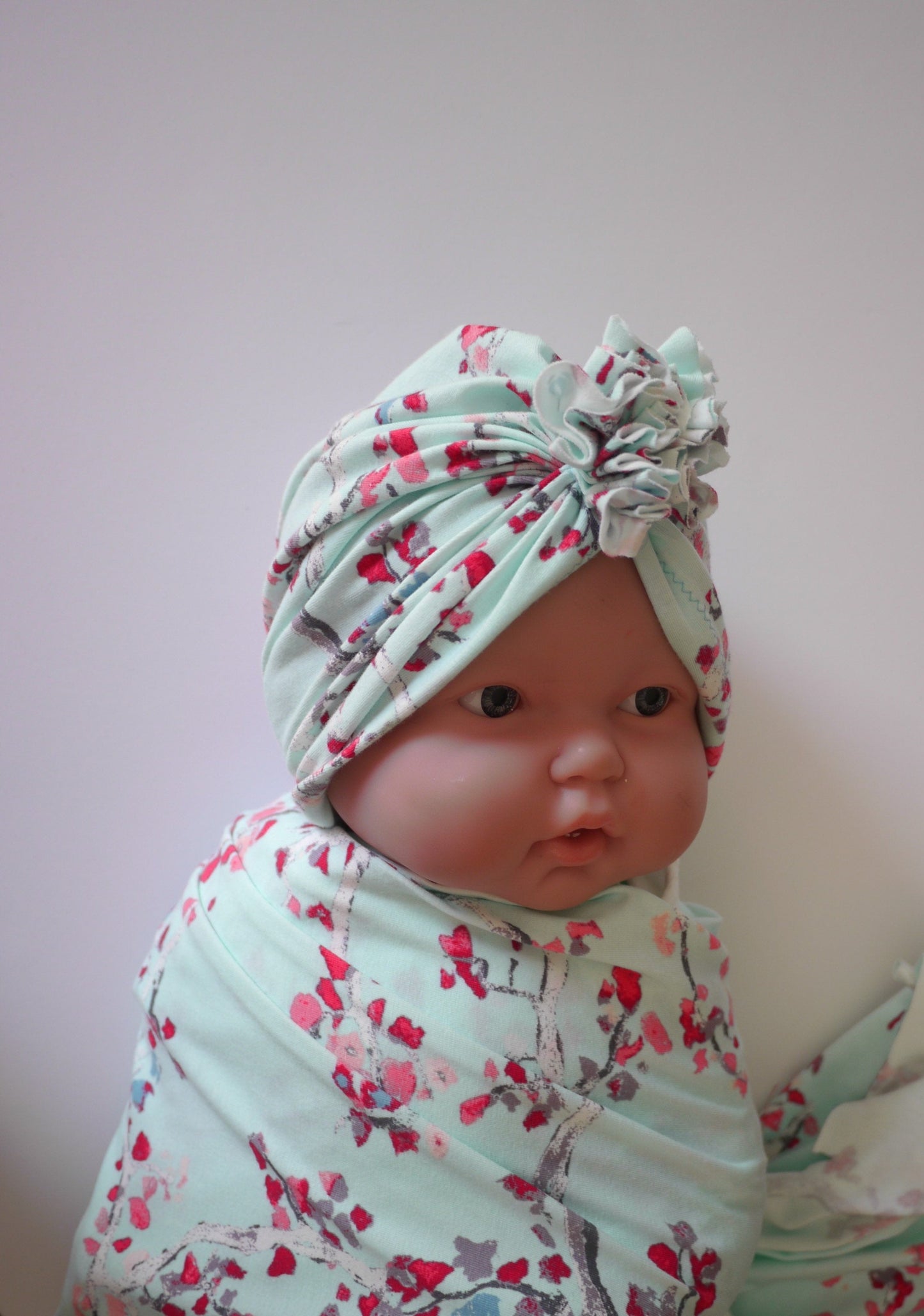 Mint Aquamarine floral Baby swaddle blanket with ruffle turban hat