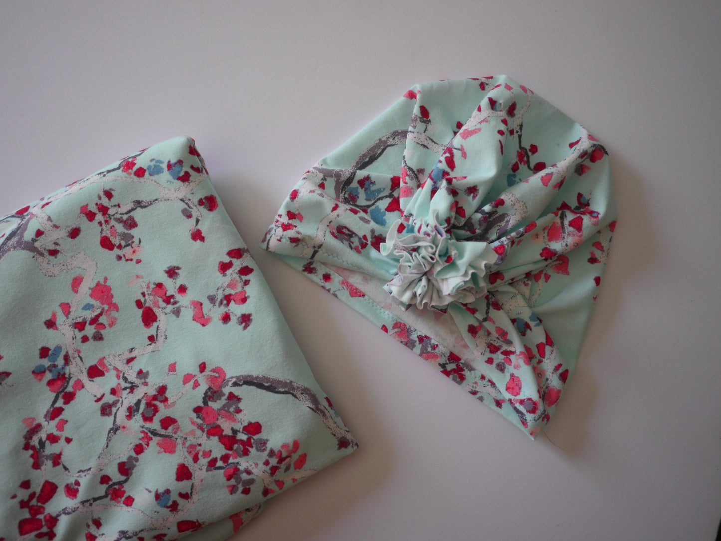 Mint Aquamarine floral Baby swaddle blanket with ruffle turban hat