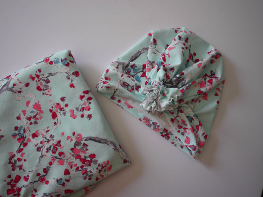 Mint Aquamarine floral Baby swaddle blanket with ruffle turban hat