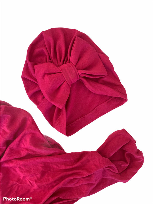 Fuschia Baby swaddle blanket headband with turban bow hat