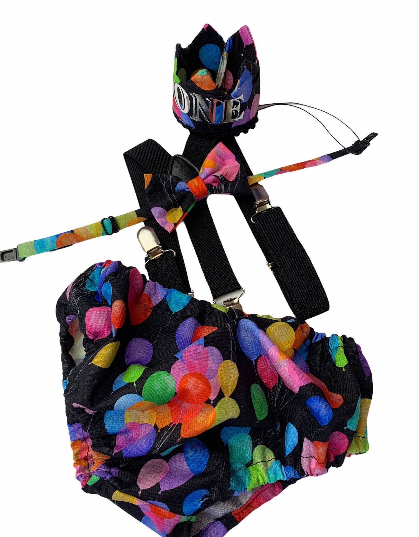 Rainbow Baby Boy Cake Smash Outfit Bloomer Diaper Cover, Suspenders and Bow Tie Set