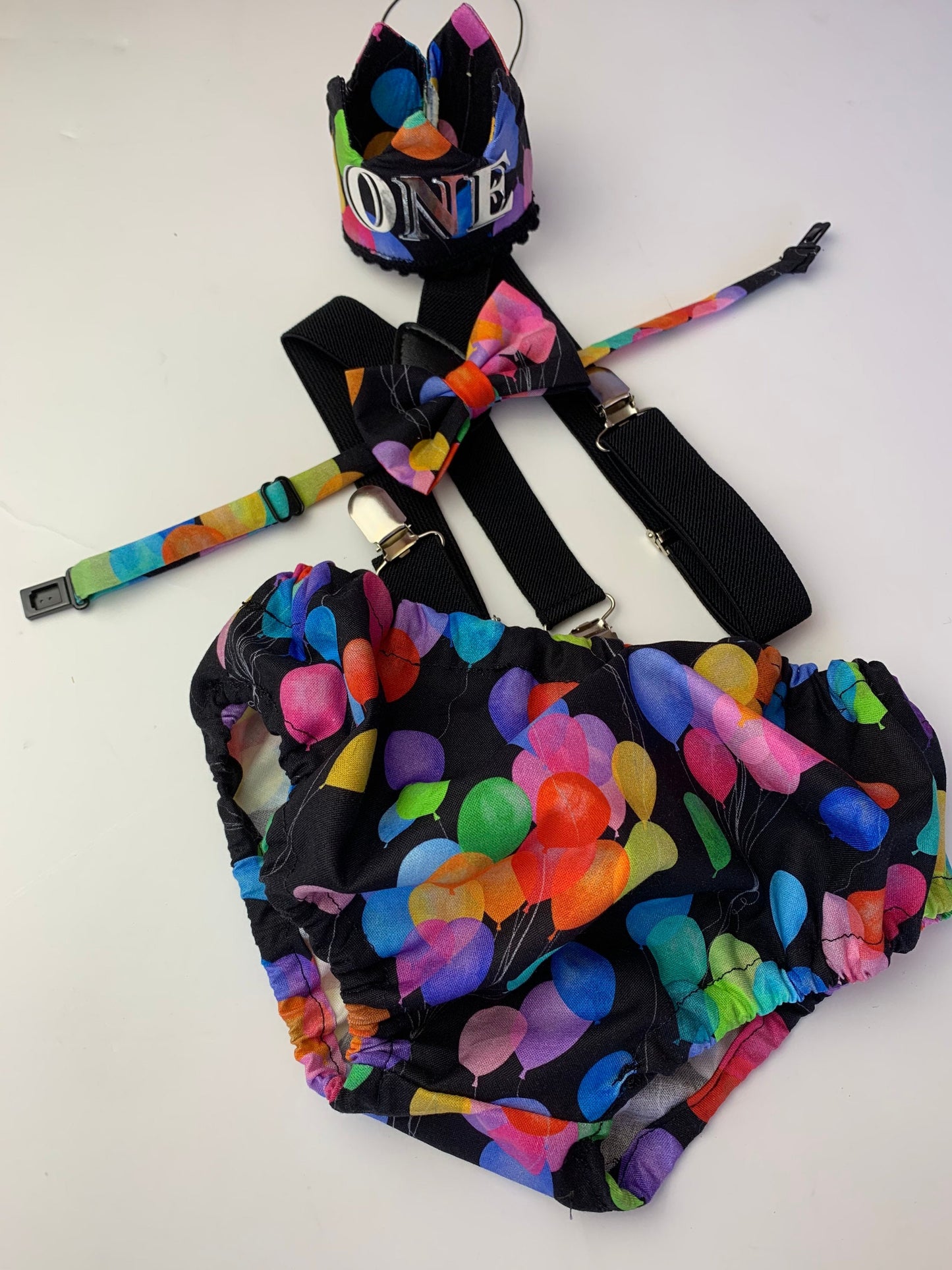 Rainbow Baby Boy Cake Smash Outfit Bloomer Diaper Cover, Suspenders and Bow Tie Set