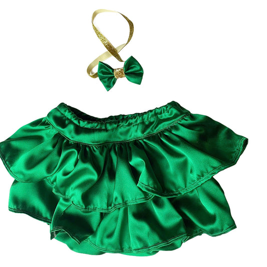 Headband bloomer set, lucky one cake smash, girl bloomer set, bow headband bloomer, emerald diaper cover, baby girl satin, bloomer girl set
