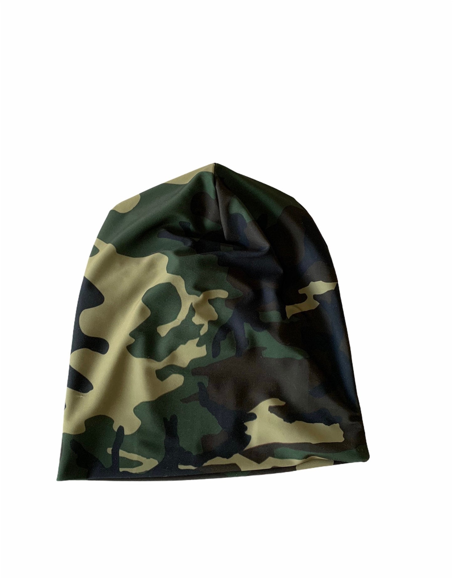 Reversible Green Camo and Solid Black Slouchy Beanie Hat - Unisex Baby Toddler Kids Women Men Adult