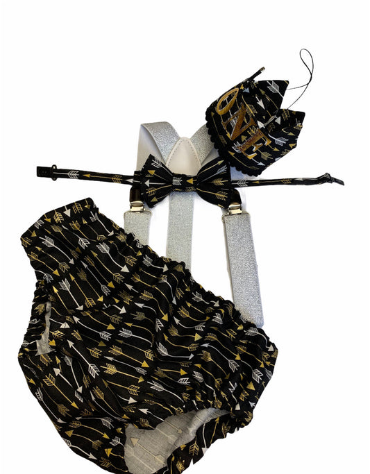Boys Cake Smash Outfit - Wild One - Diaper Cover, Bow Tie & Birthday bow tie - Boys Birthday Outfit First 1st Birthday - Gold Black Arrows