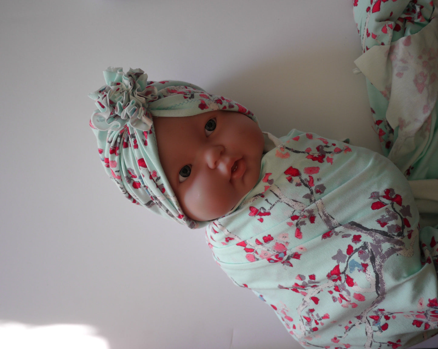 Mint Aquamarine floral Baby swaddle blanket with ruffle turban hat