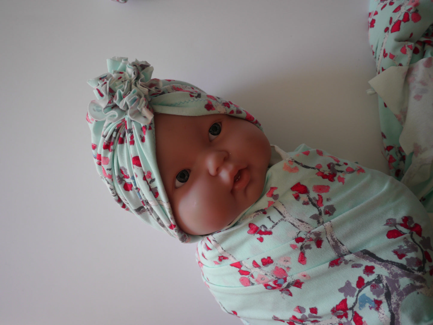 Mint Aquamarine floral Baby swaddle blanket with ruffle turban hat