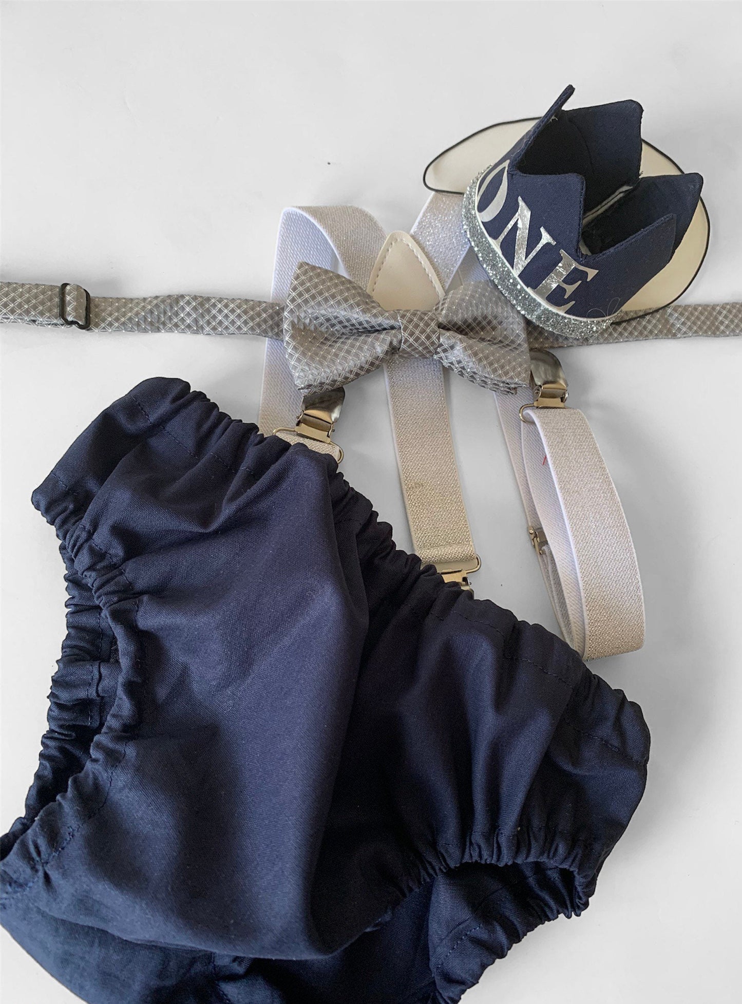 Navy Smash Cake Outfit Boy First Birthday super soft navy cotton Diaper Cover, sparkle Suspenders and navy bow tie 1st Birthday Photoshoot