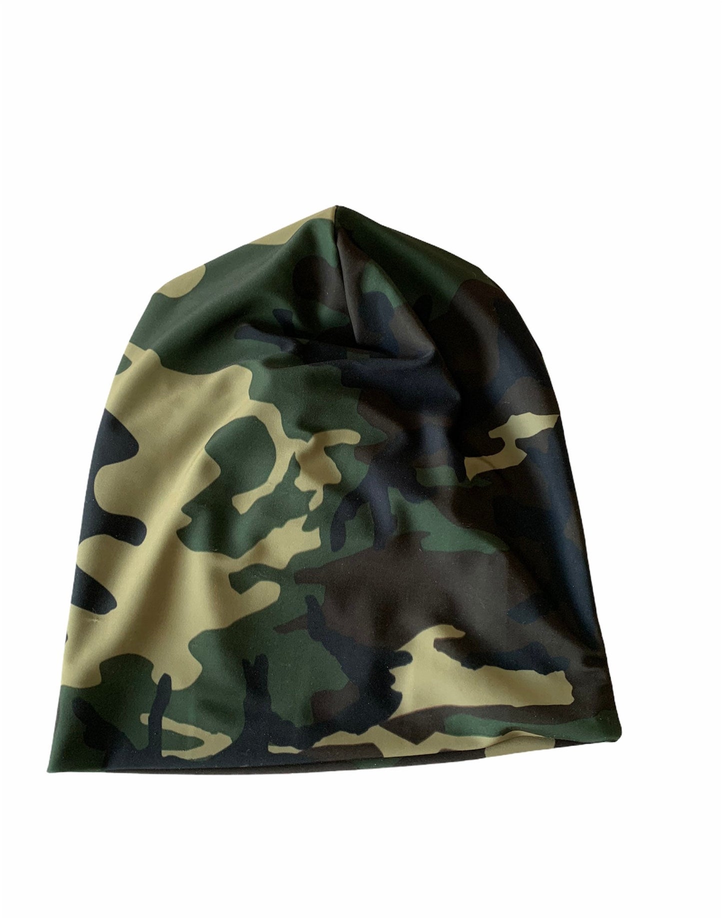 Reversible Green Camo and Solid Black Slouchy Beanie Hat - Unisex Baby Toddler Kids Women Men Adult