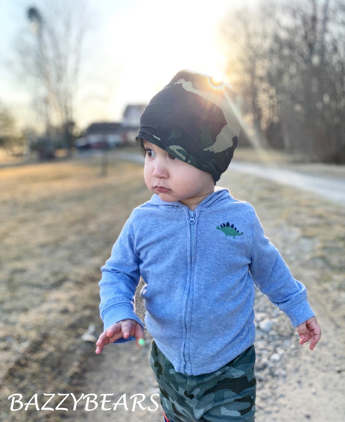 Reversible Green Camo and Solid Black Slouchy Beanie Hat - Unisex Baby Toddler Kids Women Men Adult