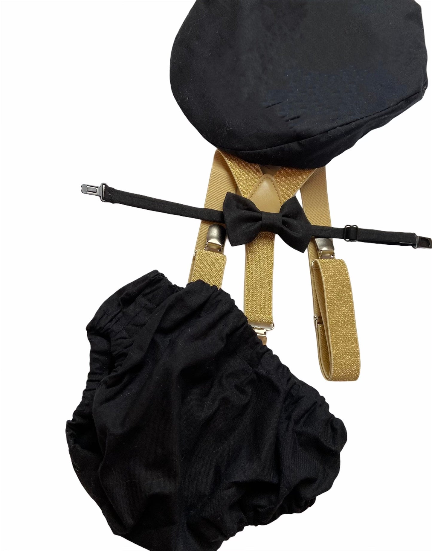 First birthday black and gold cake smash outfit with flat cap and gold bow tie