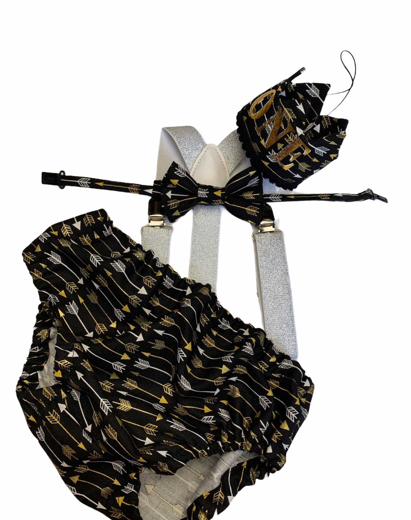 Boys Cake Smash Outfit - Wild One - Diaper Cover, Bow Tie & Birthday bow tie - Boys Birthday Outfit First 1st Birthday - Gold Black Arrows