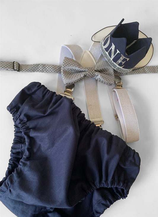 Navy Smash Cake Outfit Boy First Birthday super soft navy cotton Diaper Cover, sparkle Suspenders and navy bow tie 1st Birthday Photoshoot