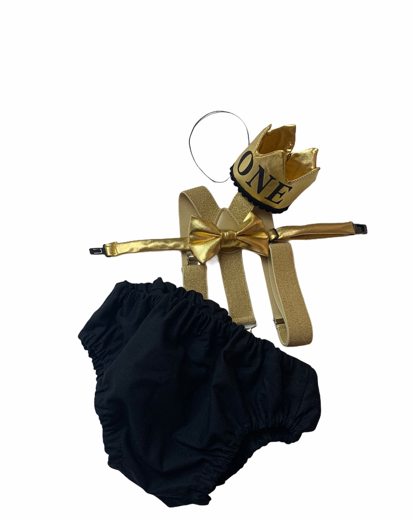 King of the wild things first birthday cake smash outfit in gold and black