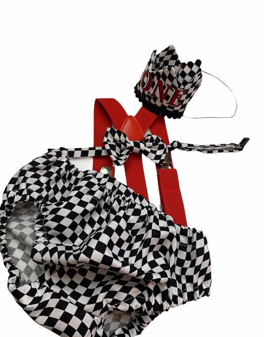 First Birthday Cake Smash Outfit Racing car Red Black yellow Car flames Diaper Cover bow Tie for Baby Boy racing cake smash