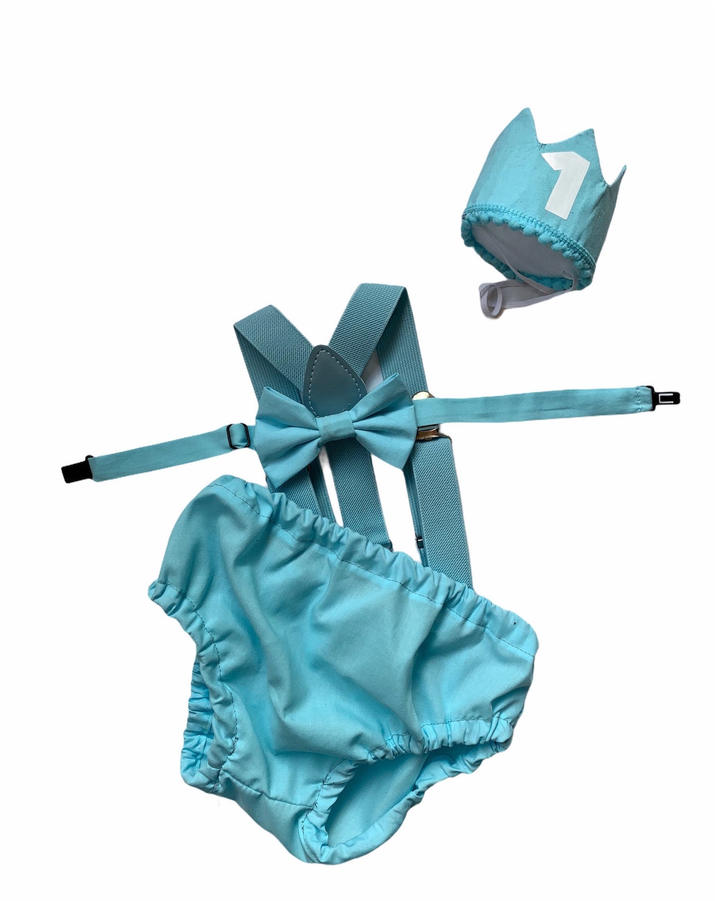 Cake Smash Outfit Blue — Boys First Birthday Outfit Gray Blue — Baby Blue Bow Tie & Baby Blue Diaper Cover with Blue Suspenders