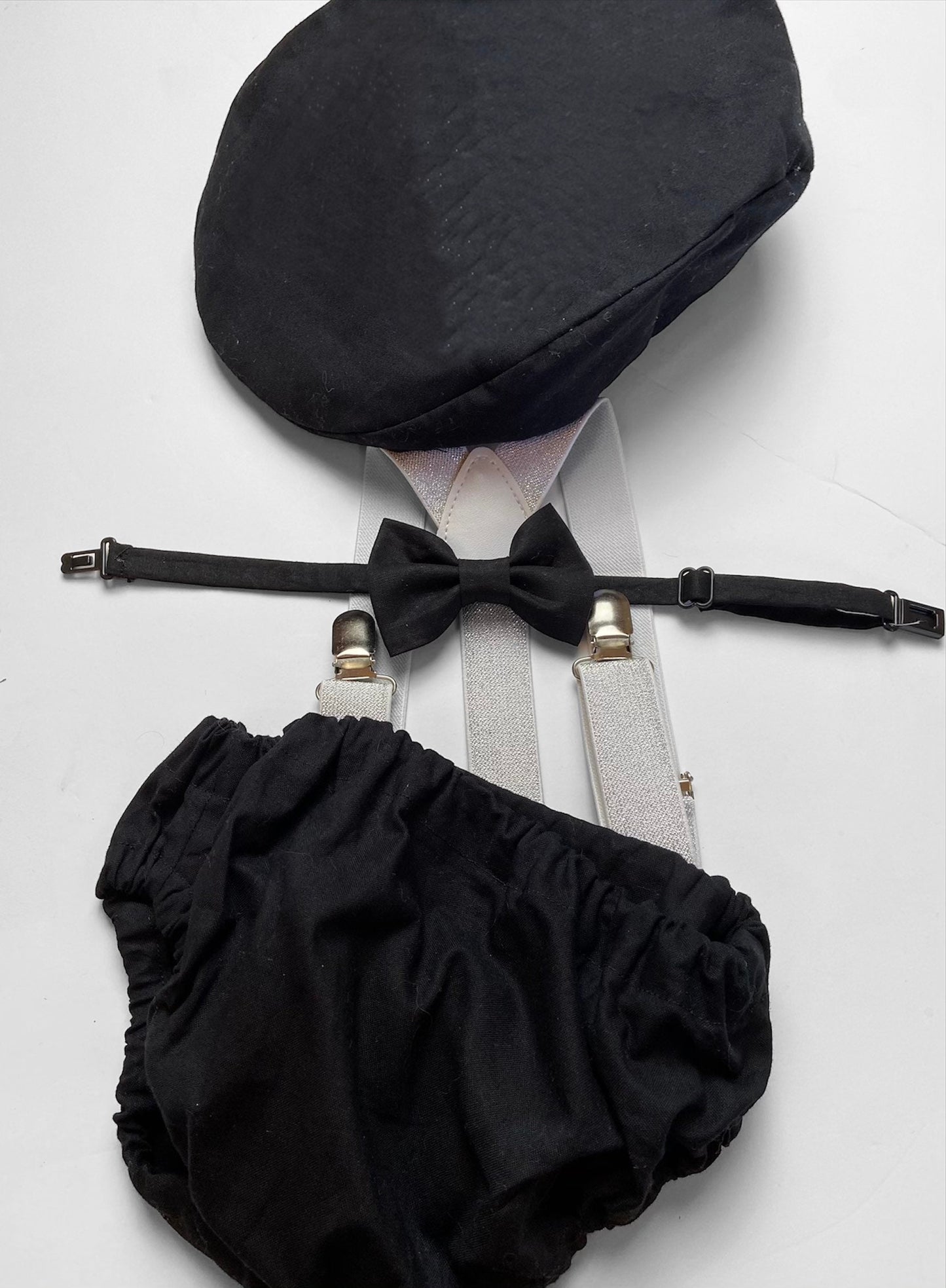 Cake Smash Boy First Birthday super soft black cotton Diaper Cover,silver Suspenders,black bow tie, Birthday Photoshoot