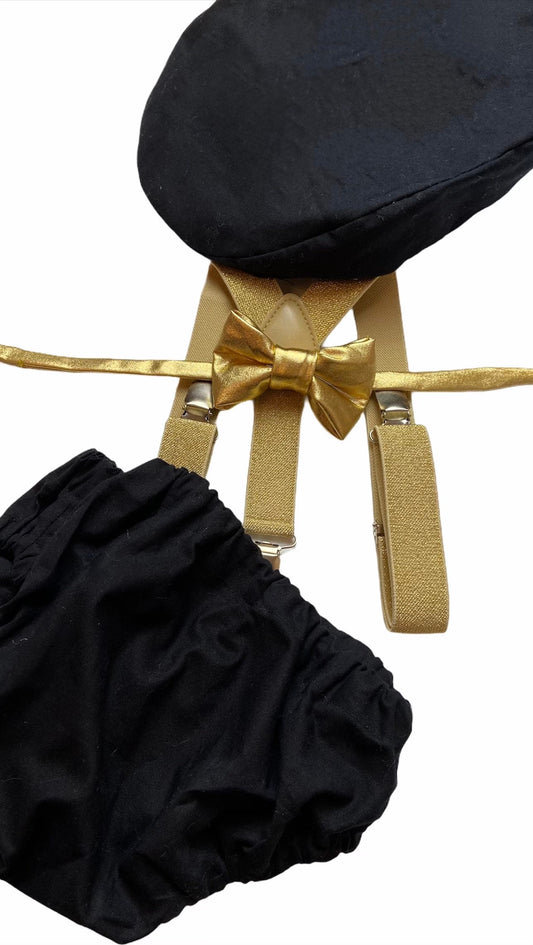 Cake Smash Boy First Birthday super soft black cotton Diaper Cover,gold Suspenders,black bow tie, Birthday Photoshoot