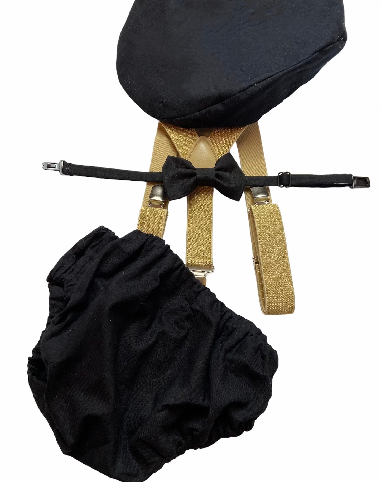 First birthday black and gold cake smash outfit with flat cap and gold bow tie