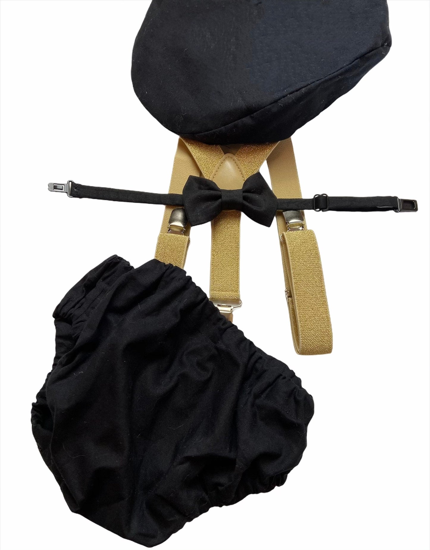 First birthday black and gold cake smash outfit with flat cap and gold bow tie