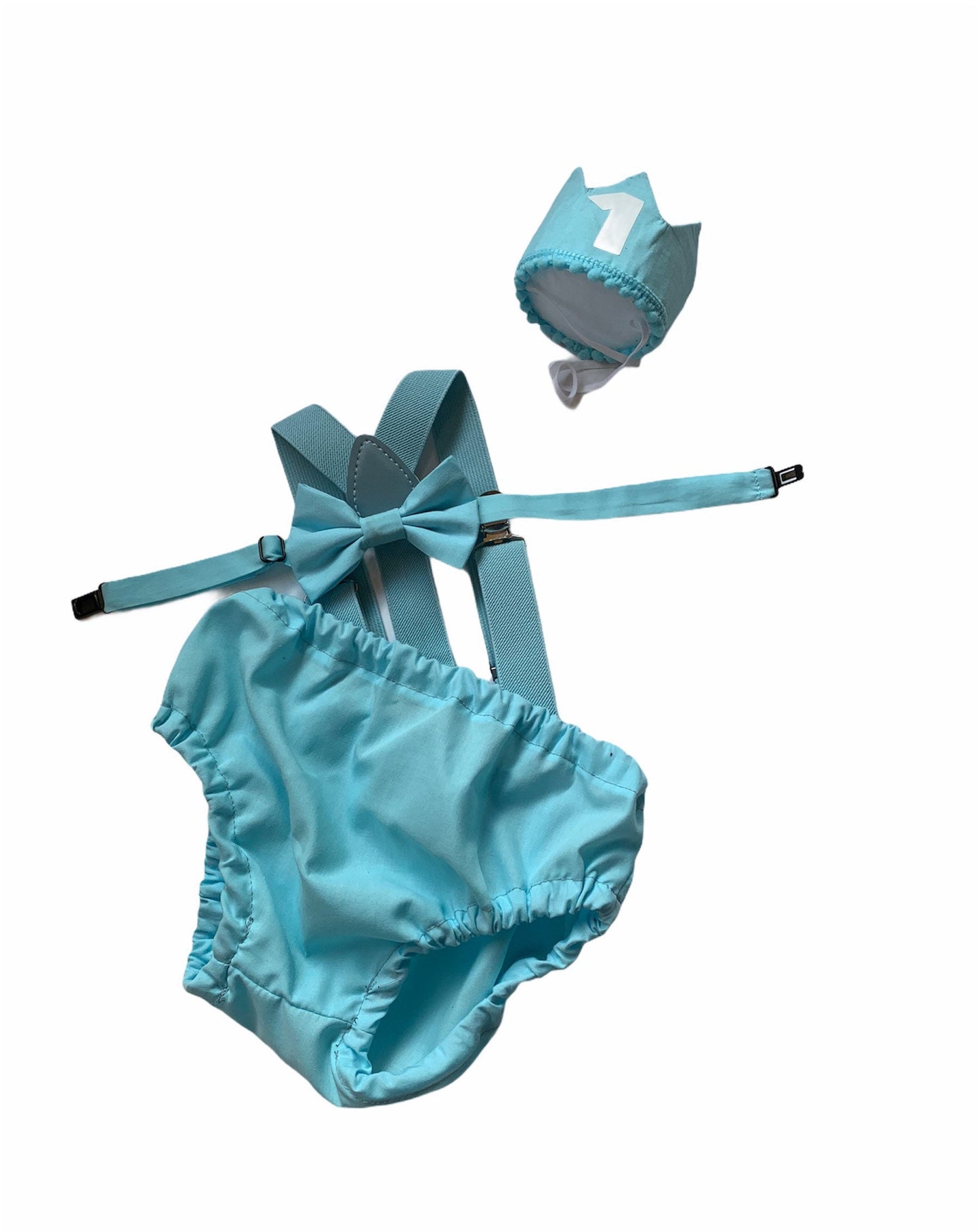 Cake Smash Outfit Blue — Boys First Birthday Outfit Gray Blue — Baby Blue Bow Tie & Baby Blue Diaper Cover with Blue Suspenders