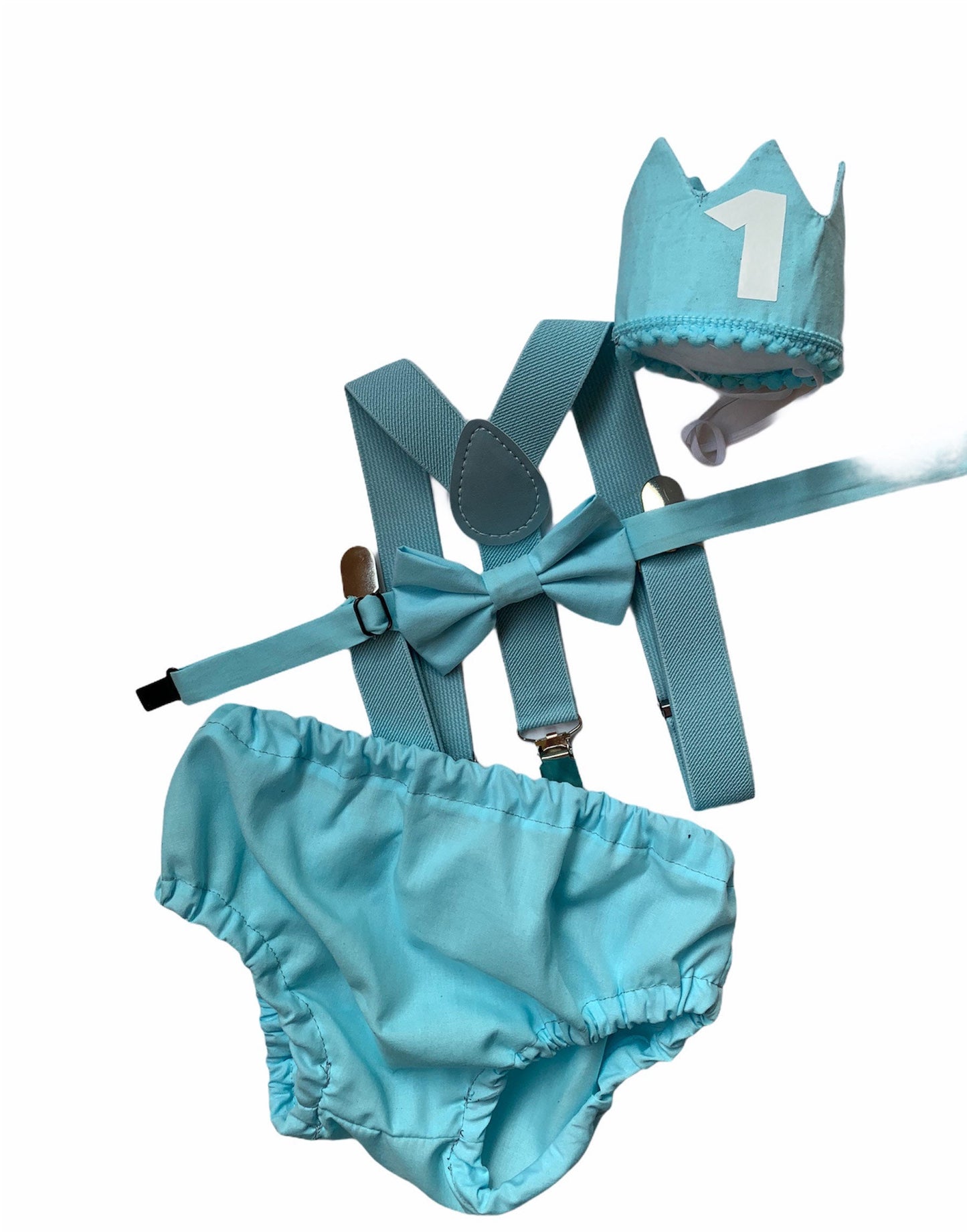 Cake Smash Outfit Blue — Boys First Birthday Outfit Gray Blue — Baby Blue Bow Tie & Baby Blue Diaper Cover with Blue Suspenders