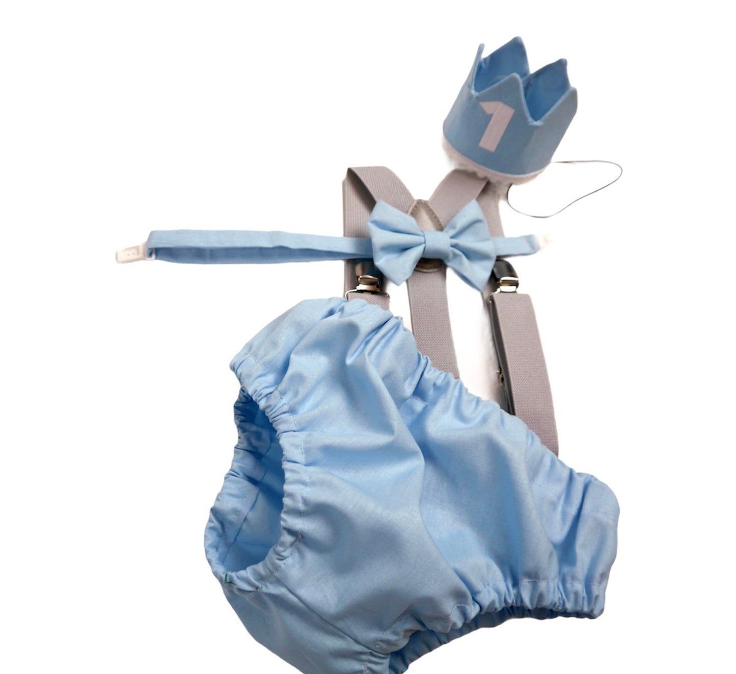 Cake Smash Outfit Gray Blue — Boys First Birthday Outfit Gray Blue — Baby Blue Bow Tie & Baby Blue Diaper Cover with Gray Suspenders