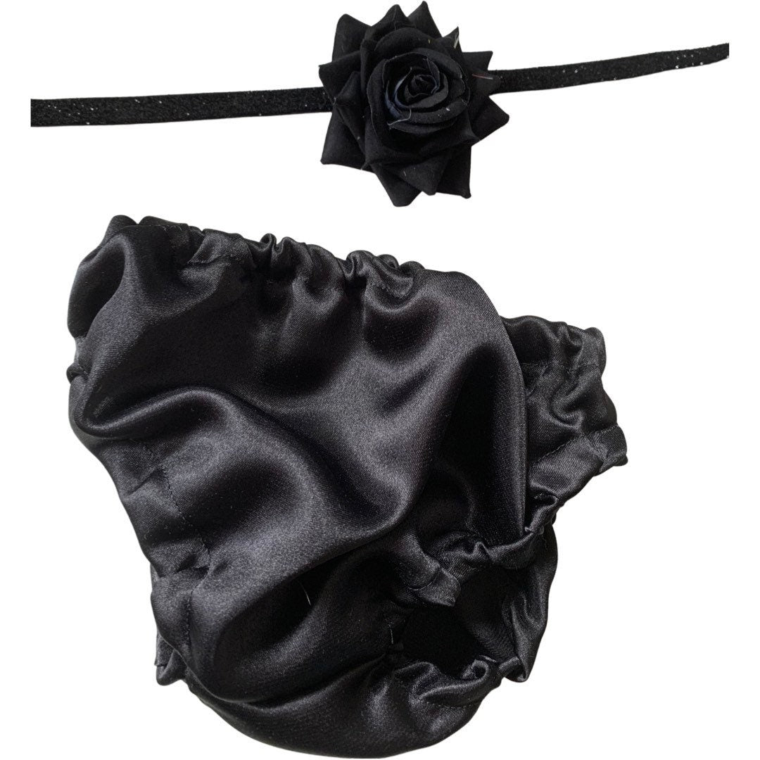 satin black baby bloomer set with rose headband