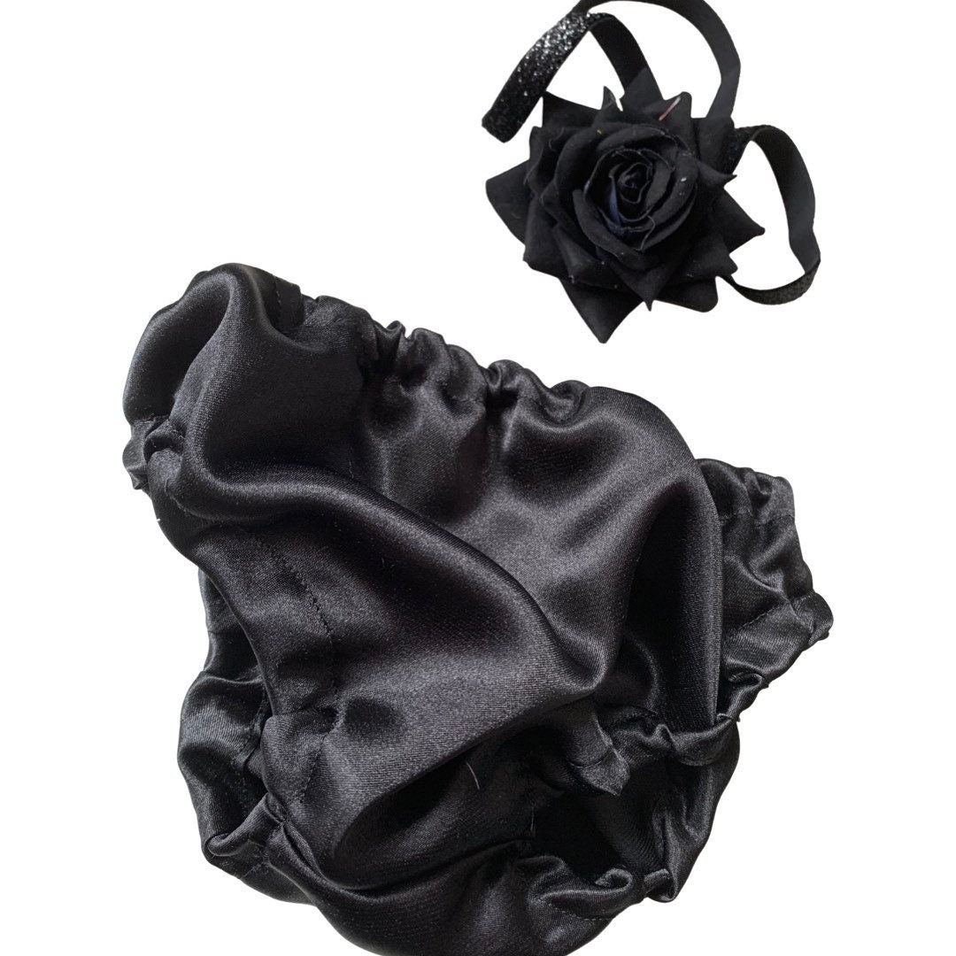 satin black baby bloomer set with rose headband