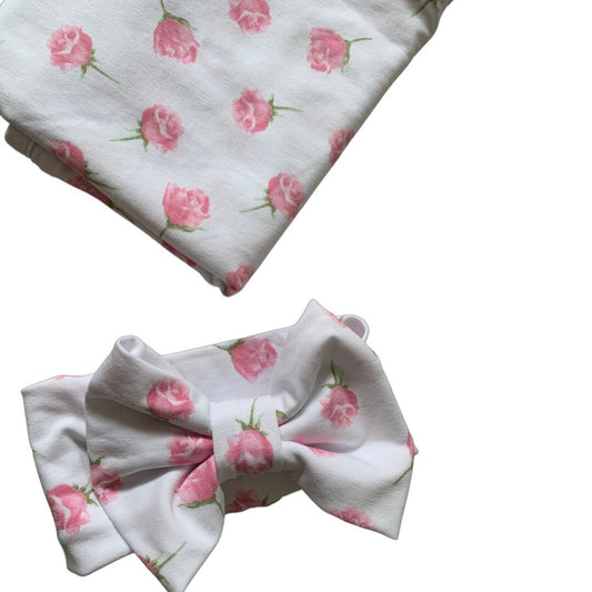 Rose Baby Swaddle Blanket with bow headband