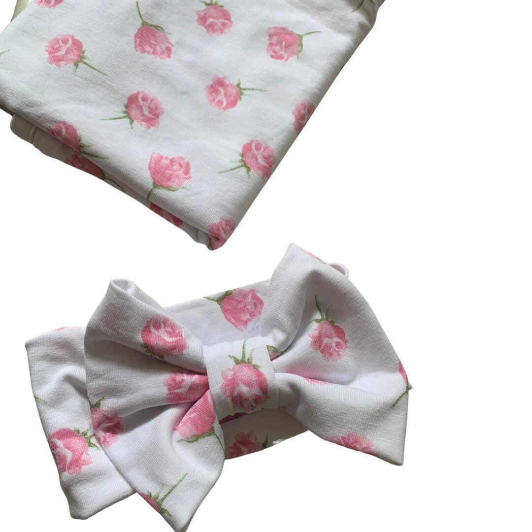 Rose Baby Swaddle Blanket with bow headband