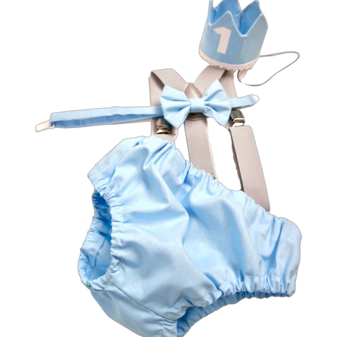 Cake Smash Outfit Gray Blue — Boys First Birthday Outfit Gray Blue — Baby Blue Bow Tie & Baby Blue Diaper Cover with Gray Suspenders