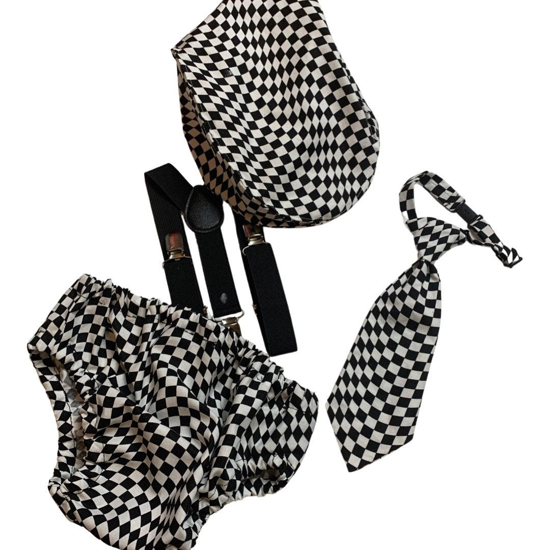 First Birthday Cake Smash Outfit Racing car White Black racing Car checkered Diaper Cover neck Tie for Baby Boy racing cake smash