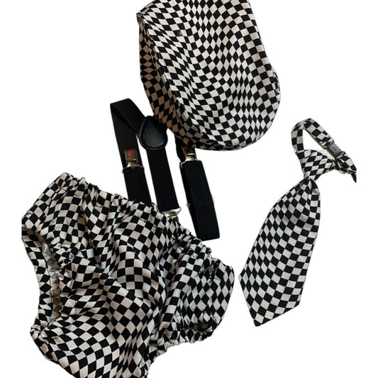 First Birthday Cake Smash Outfit Racing car White Black racing Car checkered Diaper Cover neck Tie for Baby Boy racing cake smash