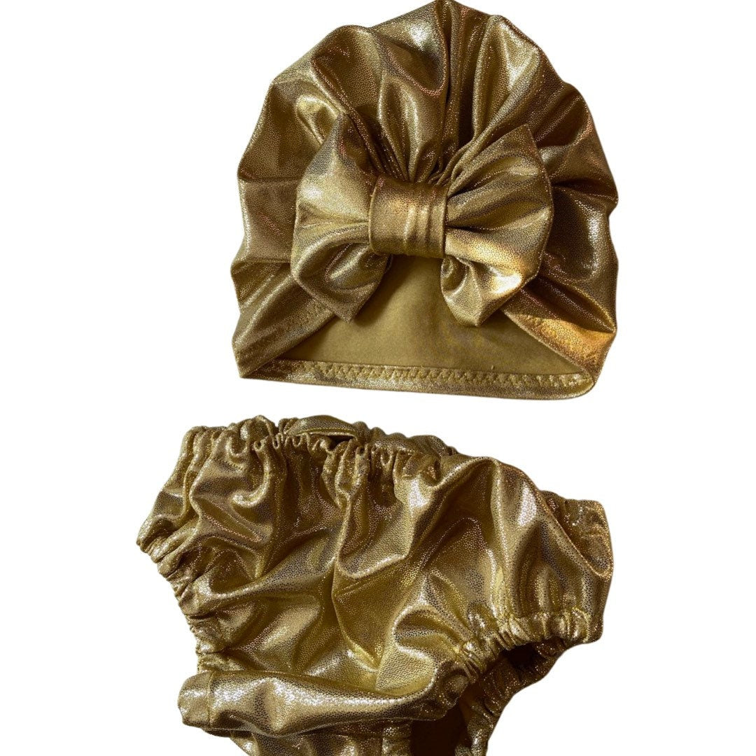 Hat bloomer set, gold one cake smash, girl bloomer set, bow headband bloomer, sparkle gold diaper cover, baby girl gold, bloomer girl set