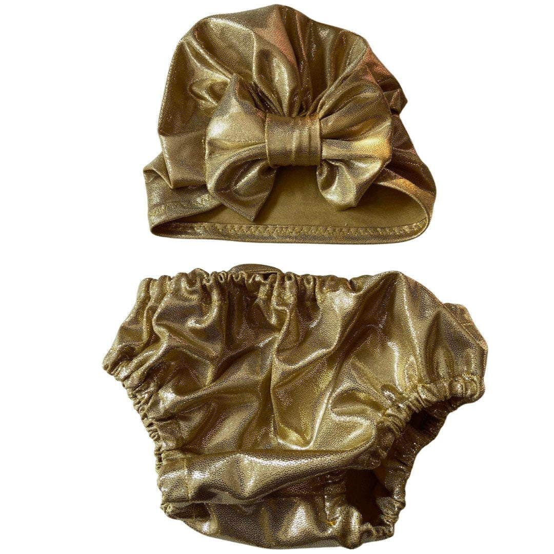 Hat bloomer set, gold one cake smash, girl bloomer set, bow headband bloomer, sparkle gold diaper cover, baby girl gold, bloomer girl set