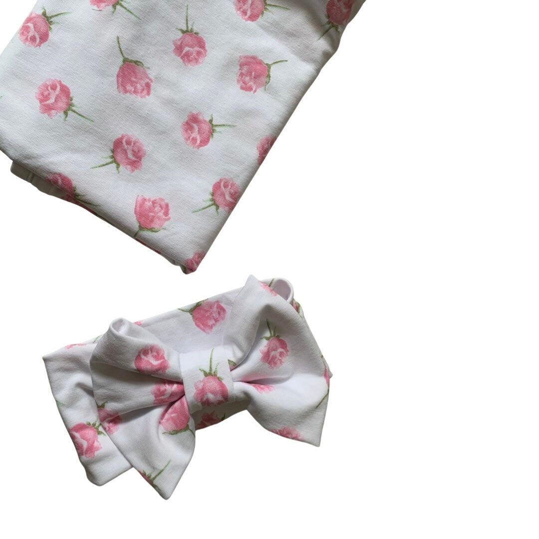 Rose Baby Swaddle Blanket with bow headband